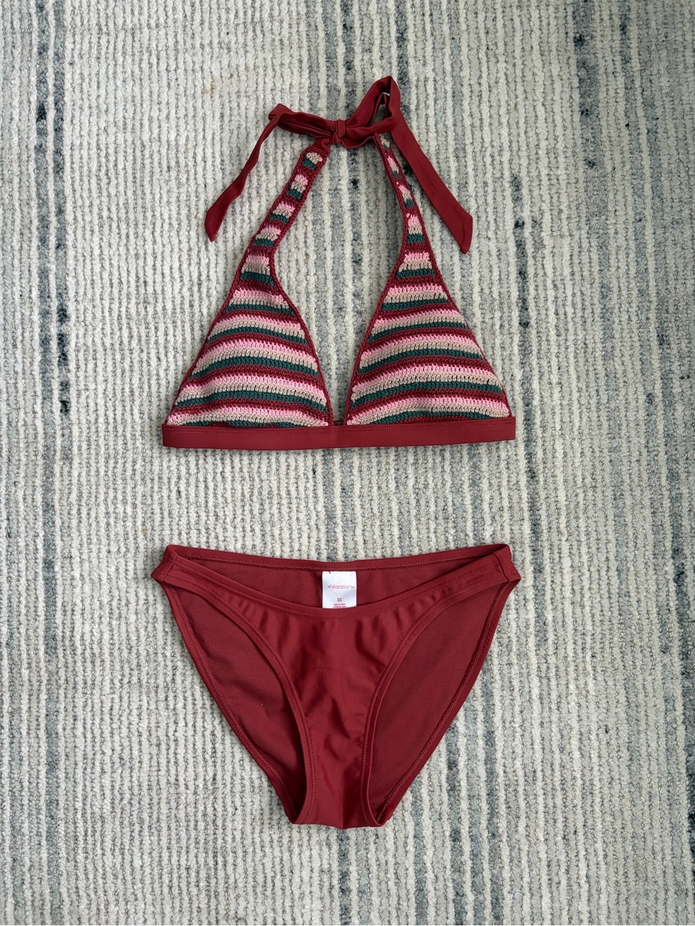 Target Striped Crochet Halter Bikini Top & Solid Bottom - Red, Pink, Green